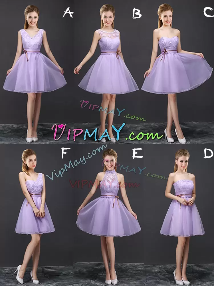 Affordable Mini Length Lavender Bridesmaid Dress Organza Sleeveless Lace and Belt