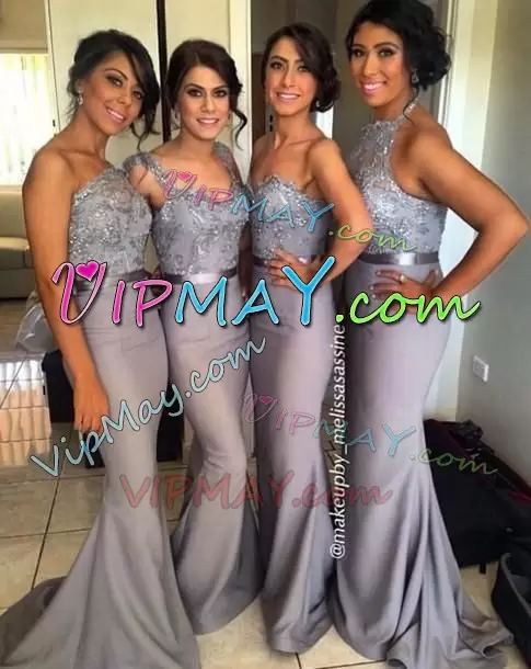 Custom Made With Train Lace Up Wedding Guest Dresses Grey for Party and Wedding Party with Appliques and Belt Sweep Train