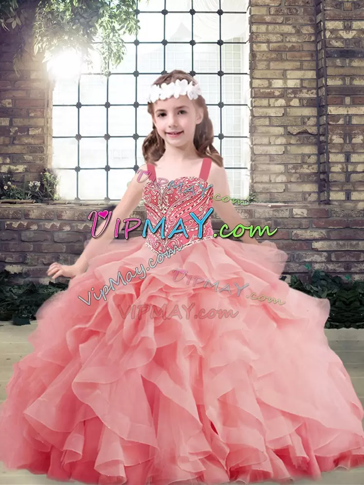 Beading and Ruffles Kids Pageant Dress Watermelon Red Lace Up Sleeveless Floor Length