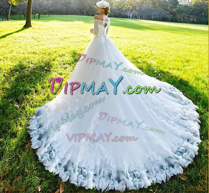 White Wedding Dress Chapel Train Long Sleeves Beading and Appliques and Bowknot