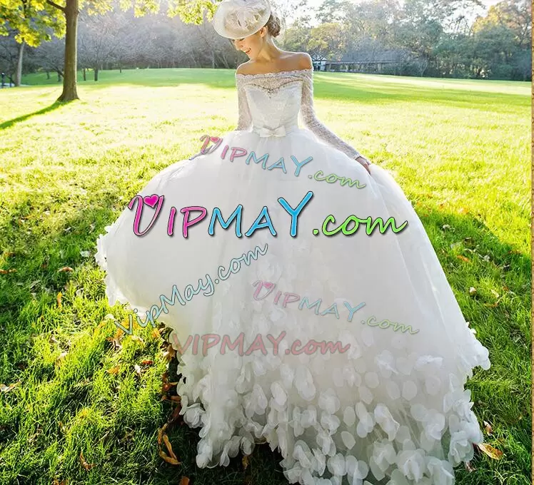 White Wedding Dress Chapel Train Long Sleeves Beading and Appliques and Bowknot