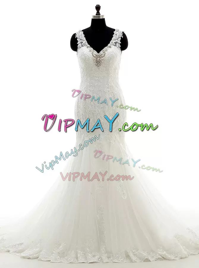 Fabulous Sleeveless With Train Beading and Lace and Appliques Clasp Handle Wedding Dresses with White