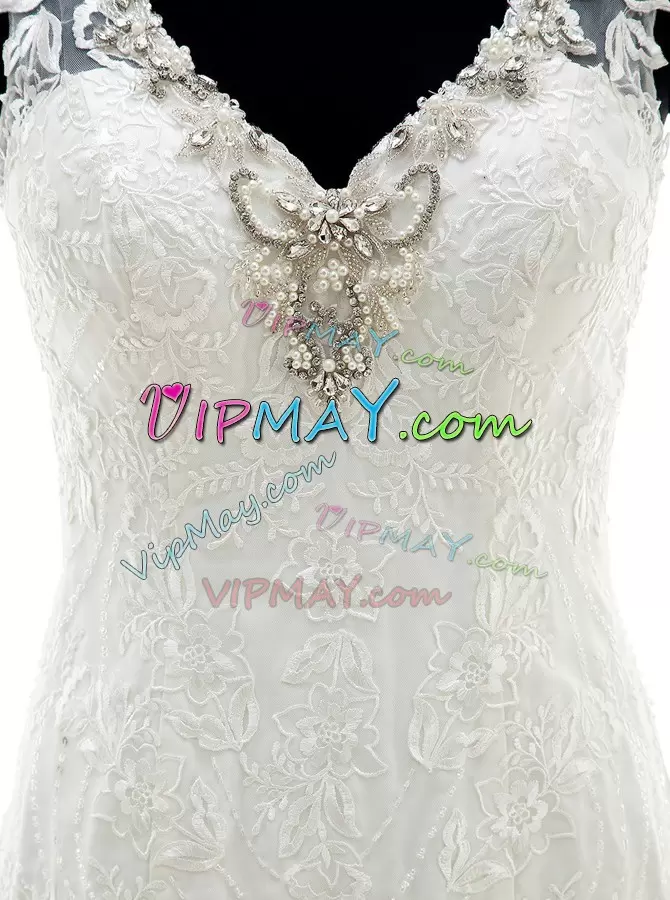 Fabulous Sleeveless With Train Beading and Lace and Appliques Clasp Handle Wedding Dresses with White