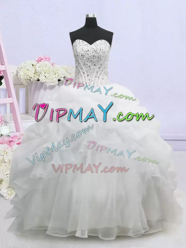 Glittering White Ball Gowns Beading and Pick Ups Bridal Gown Lace Up Organza Sleeveless