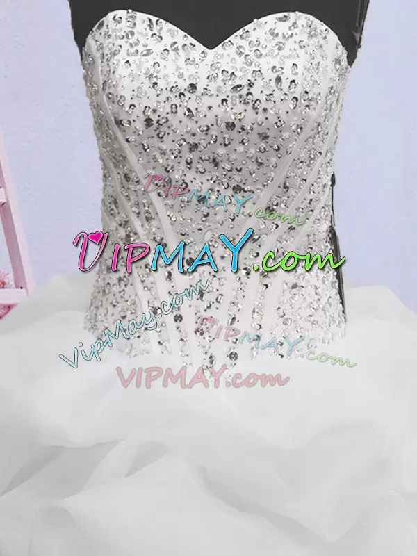 Glittering White Ball Gowns Beading and Pick Ups Bridal Gown Lace Up Organza Sleeveless