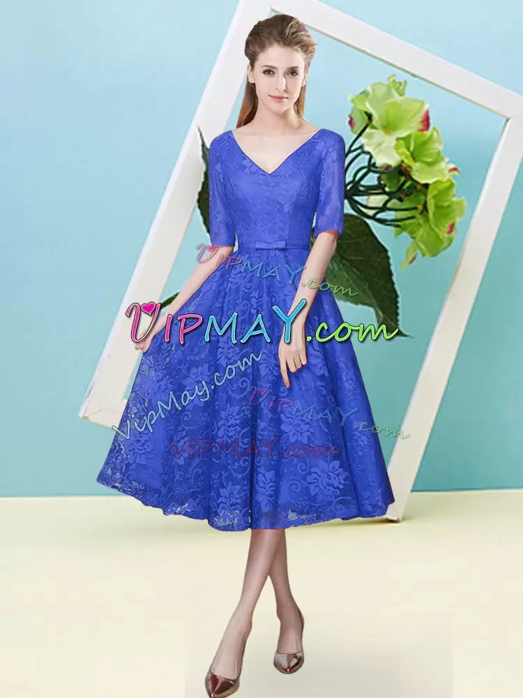 Designer Bowknot Bridesmaids Dress Royal Blue Lace Up Half Sleeves Tea Length