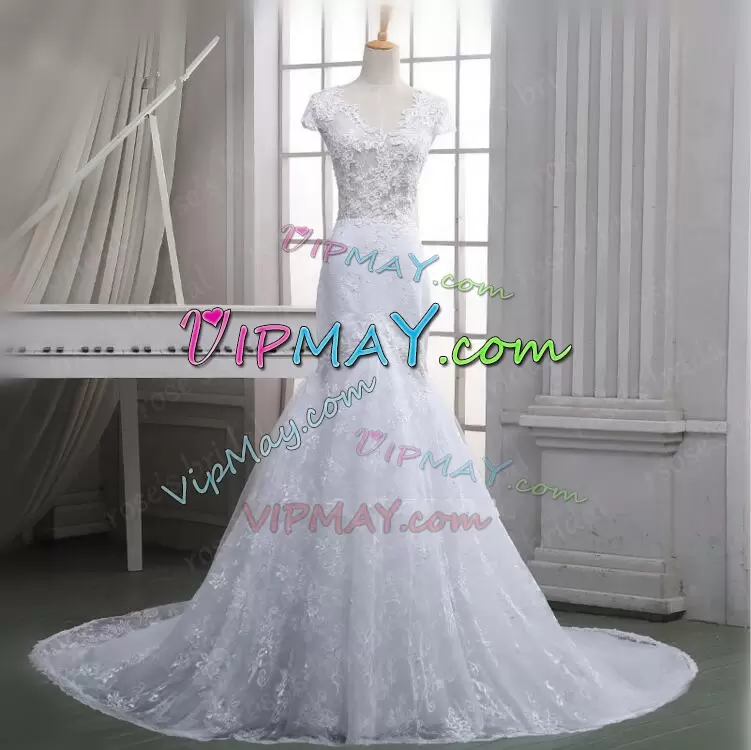 Edgy Cap Sleeves V-neck Court Train Lace Zipper Wedding Dresses