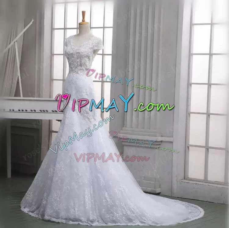 Edgy Cap Sleeves V-neck Court Train Lace Zipper Wedding Dresses