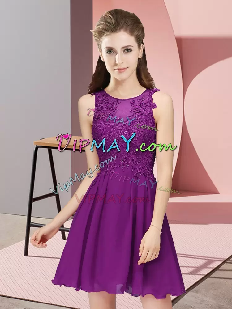 Sleeveless Chiffon Mini Length Zipper Bridesmaid Dress in Eggplant Purple with Appliques