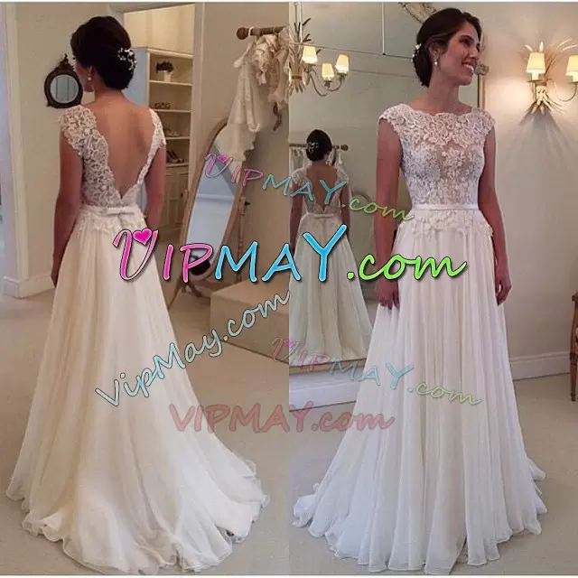 White Wedding Dresses Prom and Party and Beach and Wedding Party with Lace Scoop Sleeveless Brush Train Backless