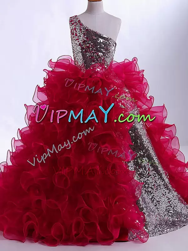 Most Popular One Shoulder Sleeveless Organza and Sequined Little Girls Pageant Gowns Ruffles and Sequins Zipper