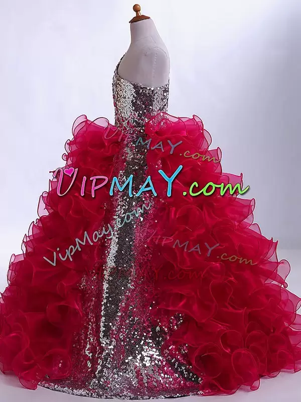 Most Popular One Shoulder Sleeveless Organza and Sequined Little Girls Pageant Gowns Ruffles and Sequins Zipper