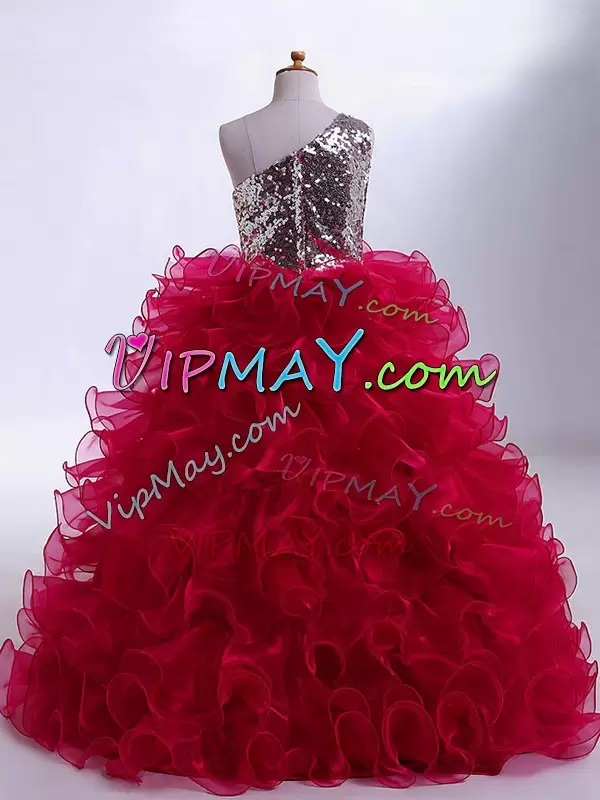 Most Popular One Shoulder Sleeveless Organza and Sequined Little Girls Pageant Gowns Ruffles and Sequins Zipper