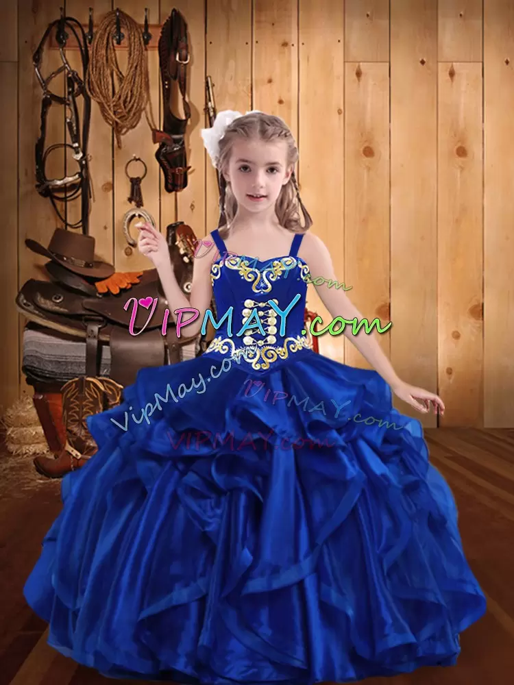 Royal Blue Organza Lace Up Little Girls Pageant Dress Sleeveless Floor Length Embroidery and Ruffles