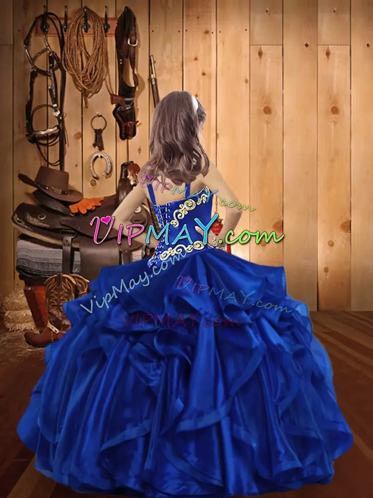 Royal Blue Organza Lace Up Little Girls Pageant Dress Sleeveless Floor Length Embroidery and Ruffles