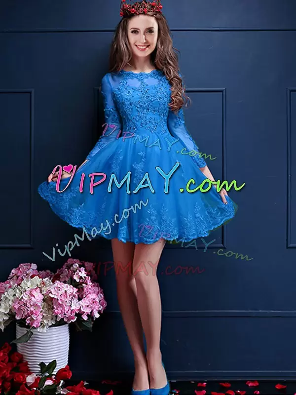 Teal Scalloped Lace Up Beading and Lace and Appliques Wedding Party Dress 3 4 Length Sleeve