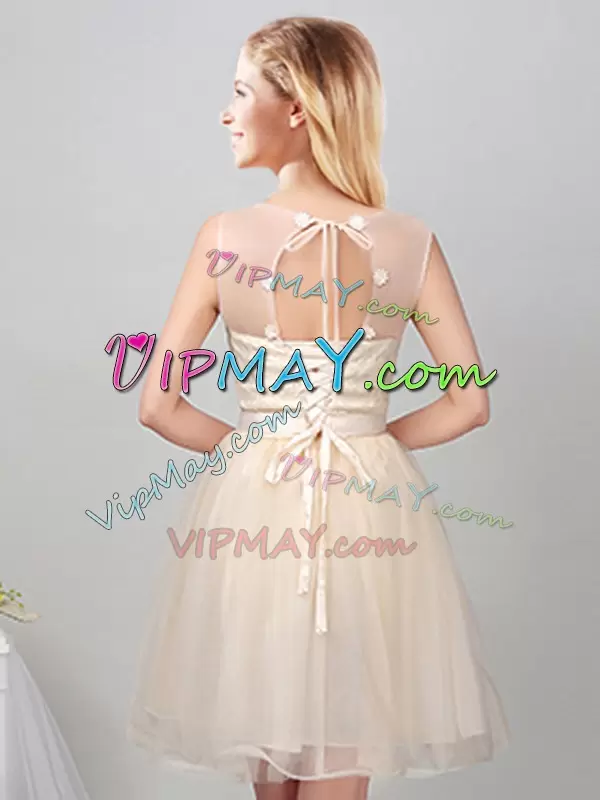 Sleeveless Mini Length Lace and Appliques and Belt Lace Up Damas Dress with Champagne