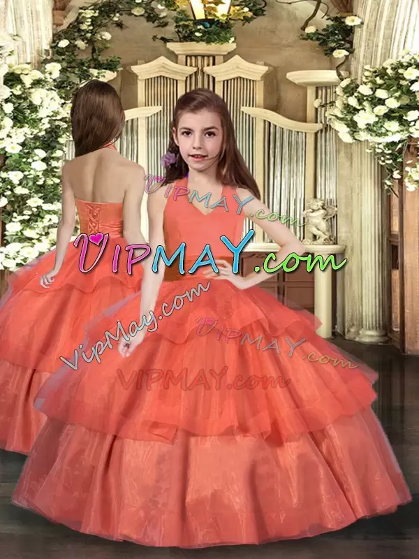 Trendy Orange Red Halter Top Neckline Ruffled Layers Pageant Gowns For Girls Sleeveless Lace Up