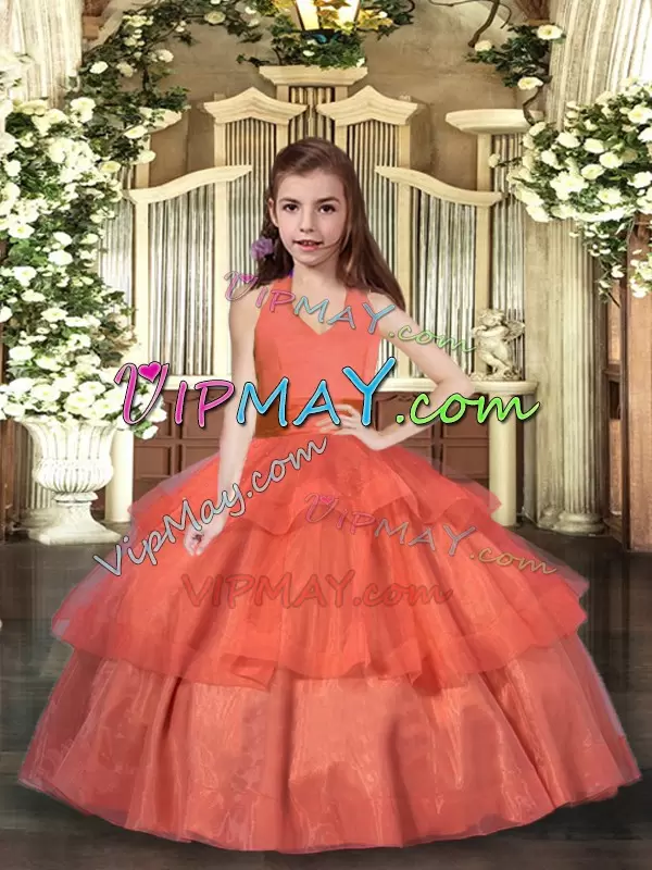 Trendy Orange Red Halter Top Neckline Ruffled Layers Pageant Gowns For Girls Sleeveless Lace Up