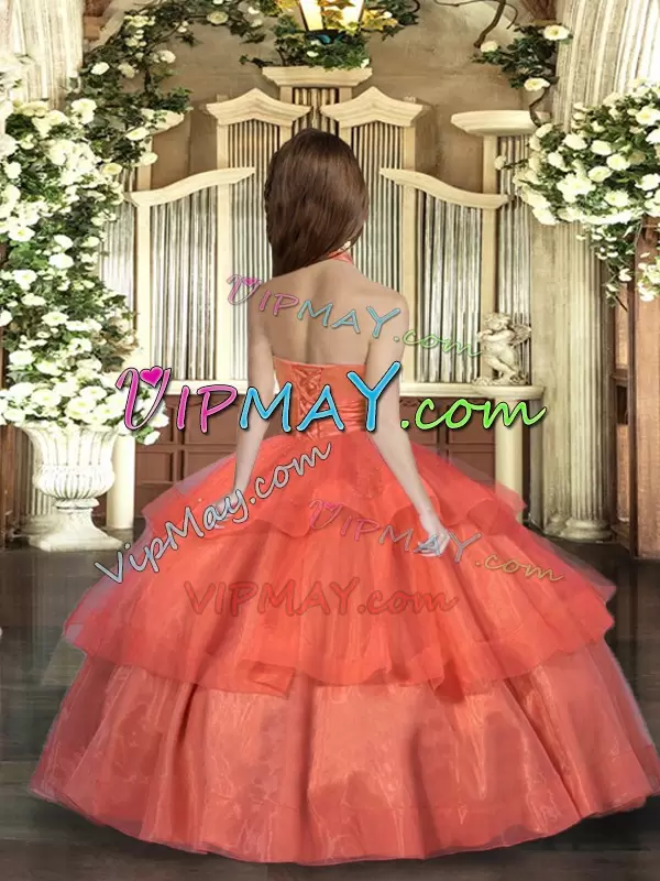 Trendy Orange Red Halter Top Neckline Ruffled Layers Pageant Gowns For Girls Sleeveless Lace Up