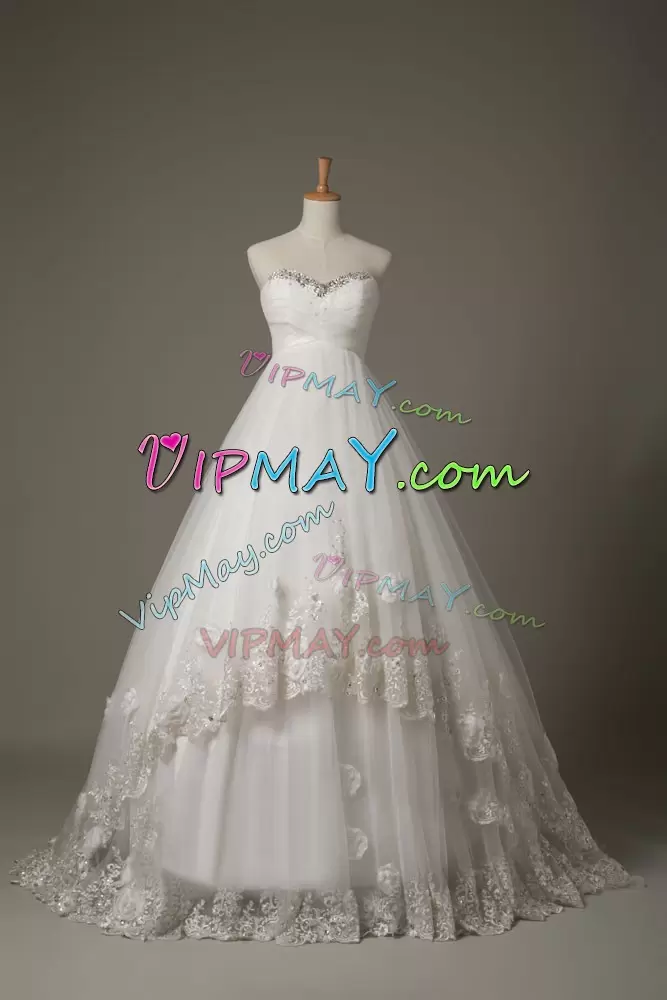 Beauteous Court Train Ball Gowns Bridal Gown White Sweetheart Tulle Sleeveless Lace Up