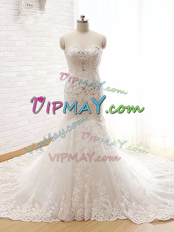 Sleeveless Beading and Lace and Appliques Lace Up Wedding Dress with White Court Train