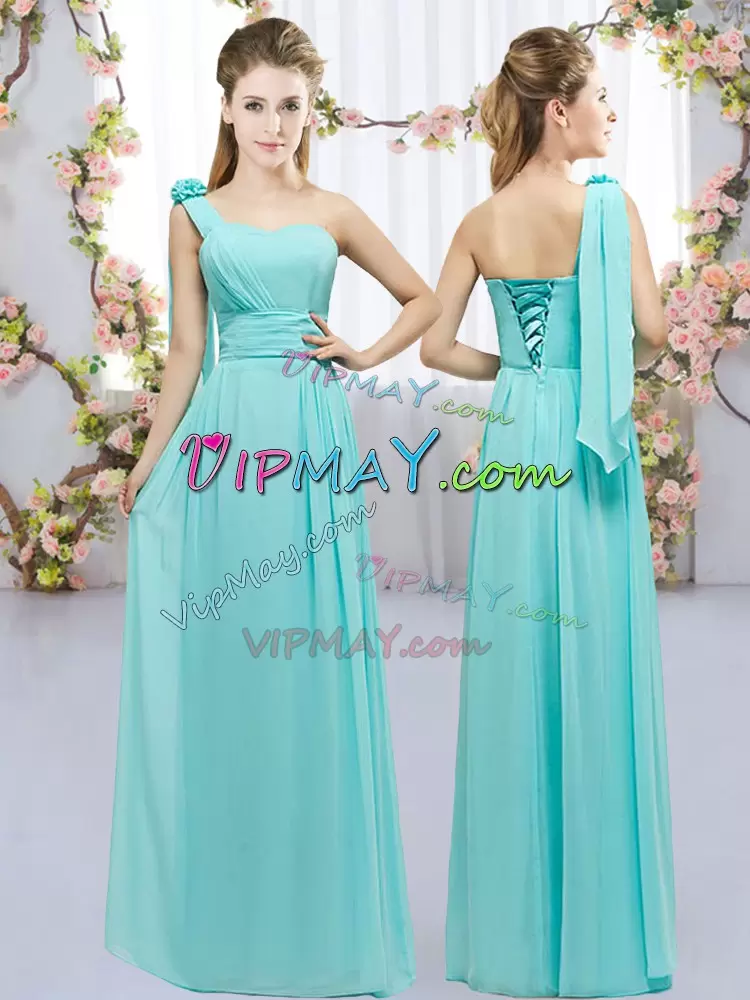 Hand Made Flower Bridesmaids Dress Aqua Blue Lace Up Sleeveless Floor Length