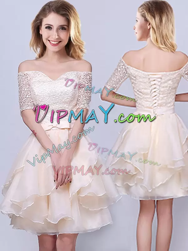Champagne Organza Lace Up Wedding Party Dress Sleeveless Mini Length Lace and Ruffles and Belt