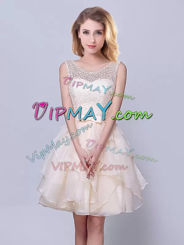Champagne Organza Lace Up Wedding Party Dress Sleeveless Mini Length Lace and Ruffles and Belt