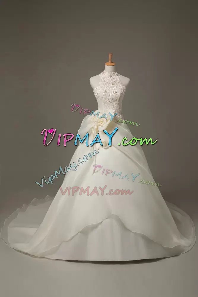 Zipper Bridal Gown White for Wedding Party with Beading and Lace and Hand Made Flower Court Train