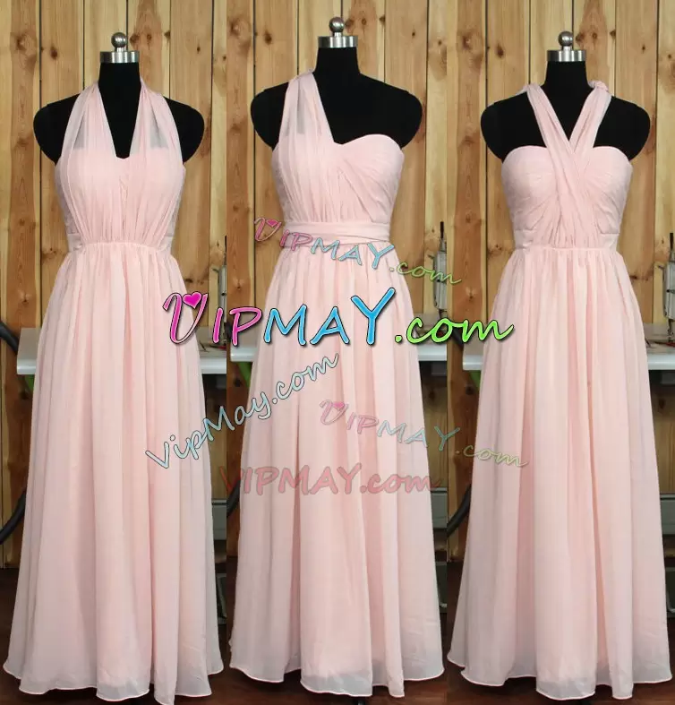 Colorful Baby Pink Zipper Bridesmaid Gown Ruching Sleeveless Floor Length