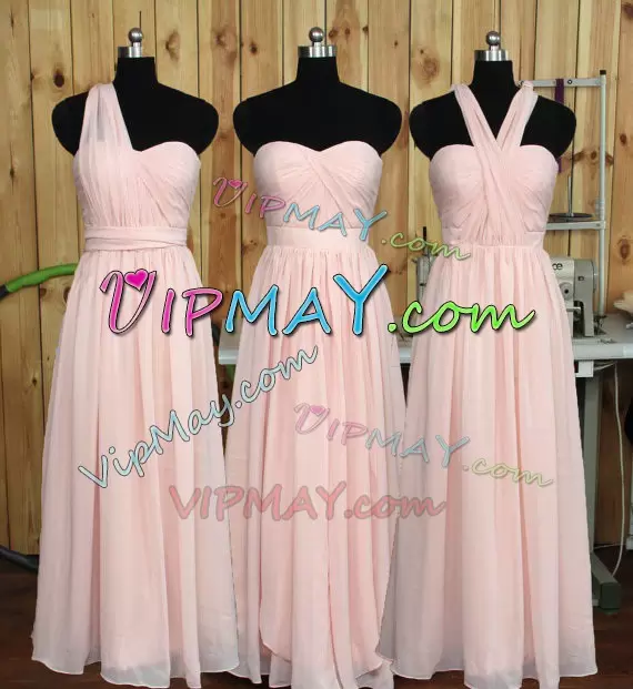 Colorful Baby Pink Zipper Bridesmaid Gown Ruching Sleeveless Floor Length