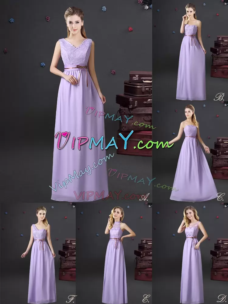 Smart Sleeveless Chiffon Floor Length Lace Up Damas Dress in Lavender with Lace and Appliques and Belt