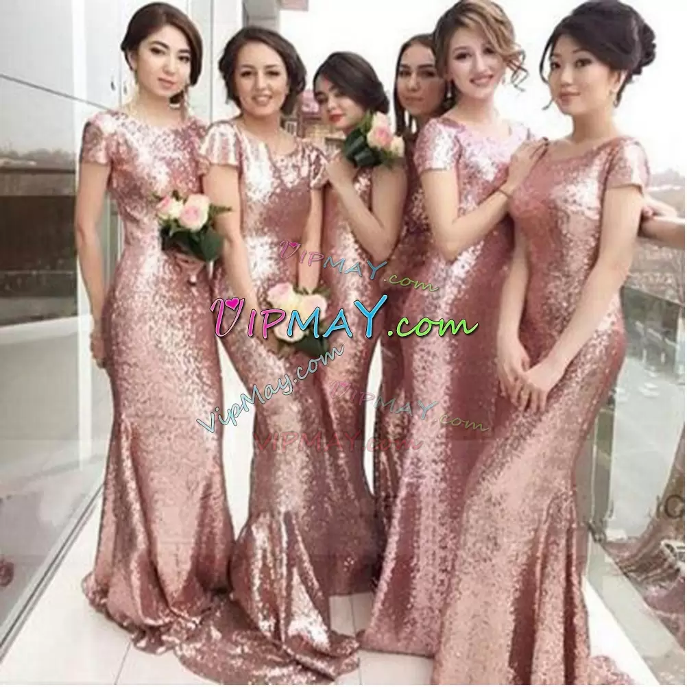 Traditional Rose Pink Bridesmaids Dress Party and Wedding Party with Sequins Bateau Short Sleeves Zipper