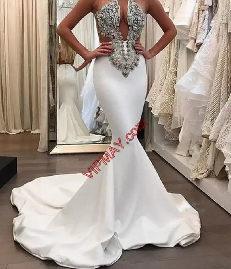 Custom Designed Halter Top Sleeveless Satin Bridal Gown Beading Sweep Train Backless