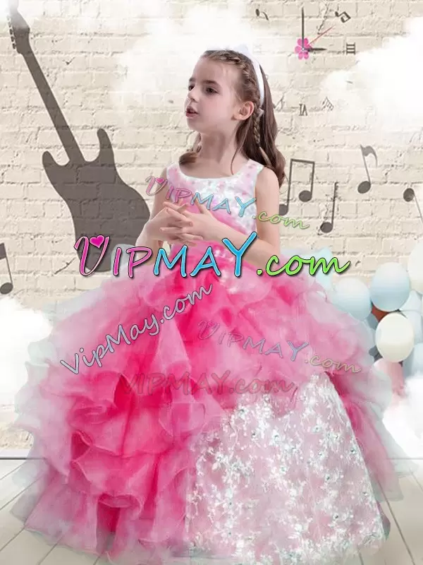 Latest Hot Pink Sleeveless Floor Length Beading and Ruffles Lace Up Little Girls Pageant Dress Wholesale Scoop