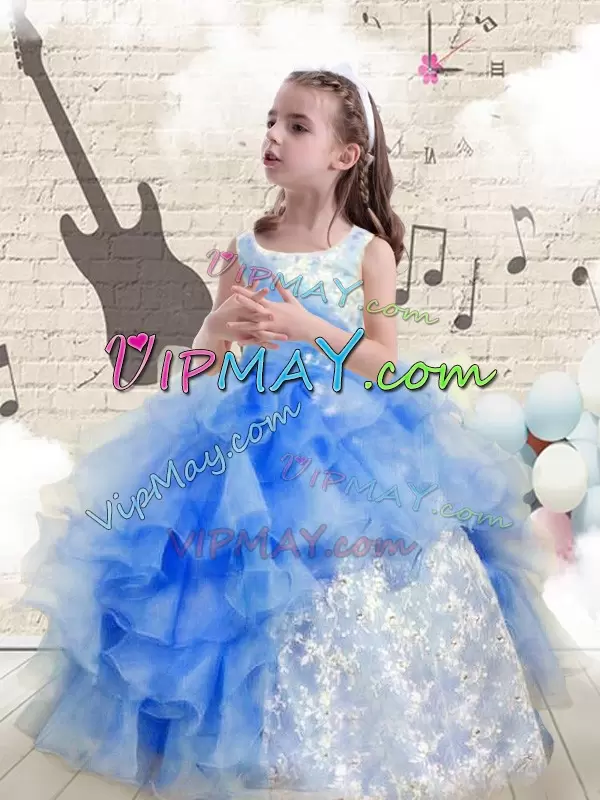 Floor Length Baby Blue Glitz Pageant Dress Organza Sleeveless Beading and Ruffles