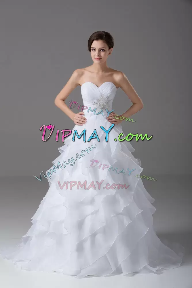 Comfortable Sleeveless Sweetheart Brush Train Lace Up Beading and Ruffled Layers Wedding Gowns Sweetheart