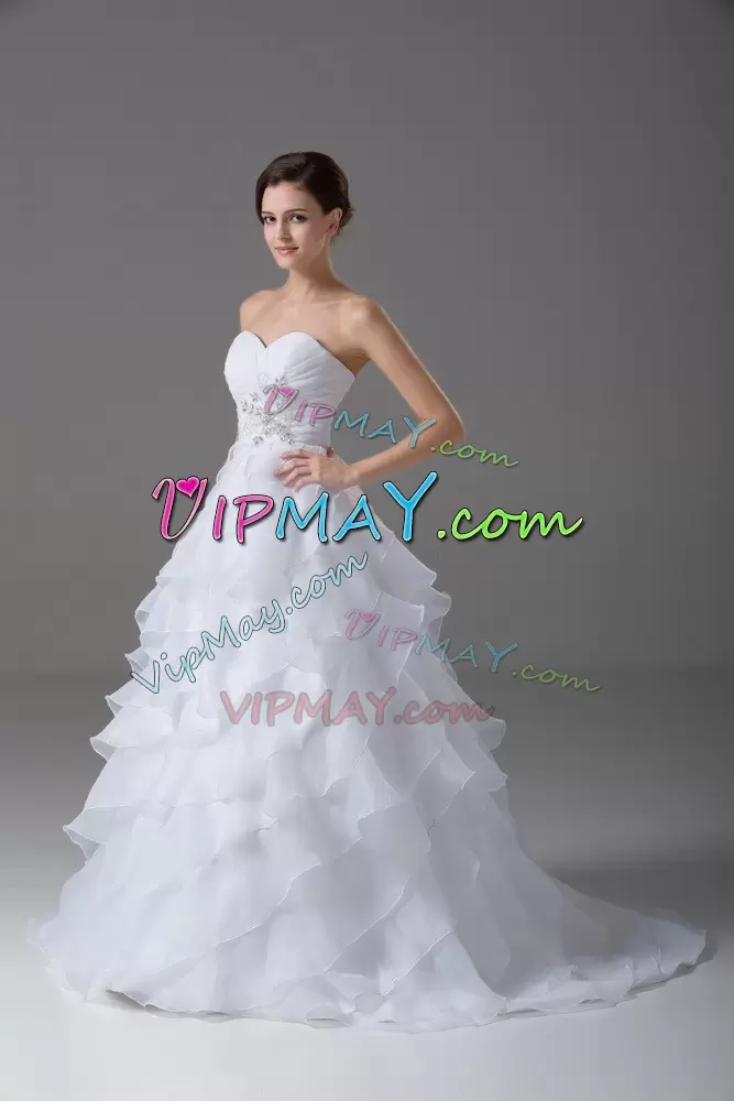 Comfortable Sleeveless Sweetheart Brush Train Lace Up Beading and Ruffled Layers Wedding Gowns Sweetheart