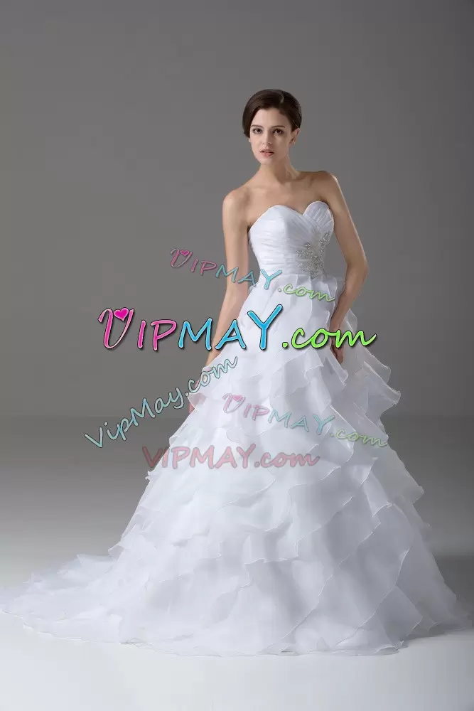 Comfortable Sleeveless Sweetheart Brush Train Lace Up Beading and Ruffled Layers Wedding Gowns Sweetheart