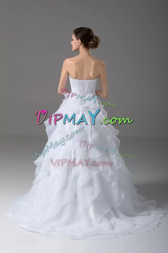 Comfortable Sleeveless Sweetheart Brush Train Lace Up Beading and Ruffled Layers Wedding Gowns Sweetheart