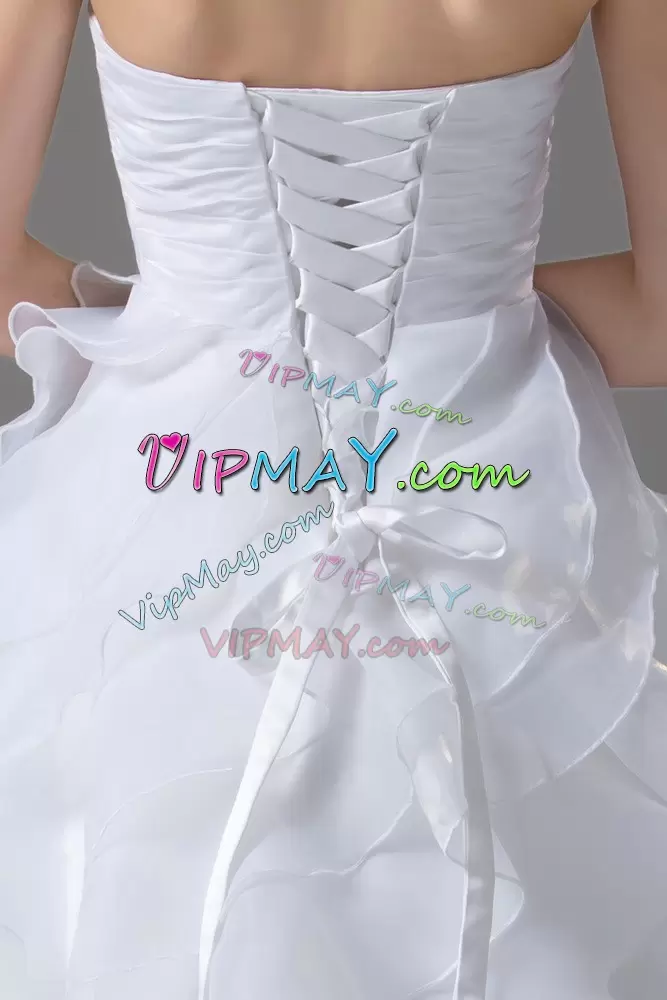 Comfortable Sleeveless Sweetheart Brush Train Lace Up Beading and Ruffled Layers Wedding Gowns Sweetheart