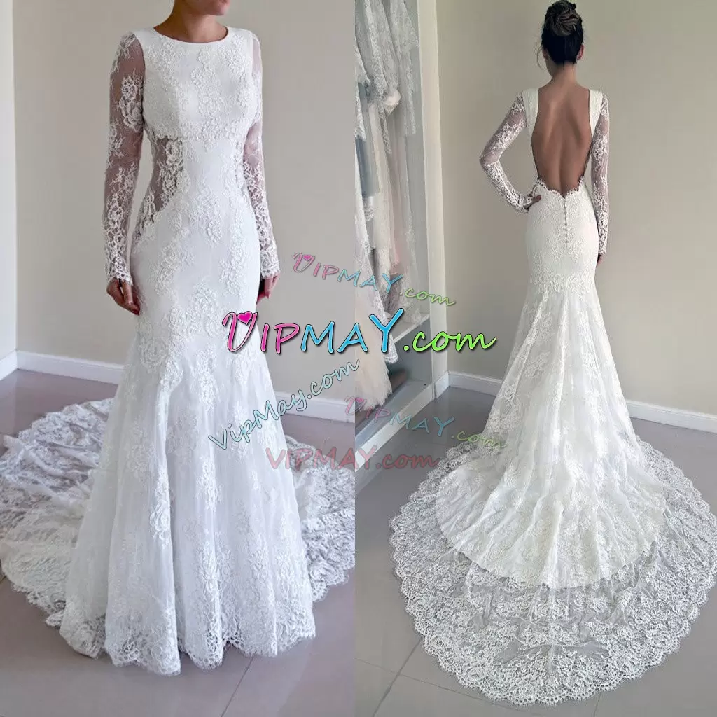 Free and Easy White Long Sleeves Court Train Lace Celebrity Inspired Dress