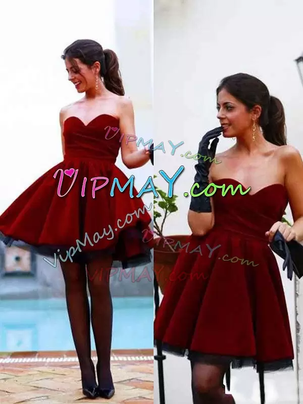 High Quality Burgundy A-line Sweetheart Sleeveless Satin and Tulle Mini Length Lace Up Pleated Court Dresses for Sweet 16