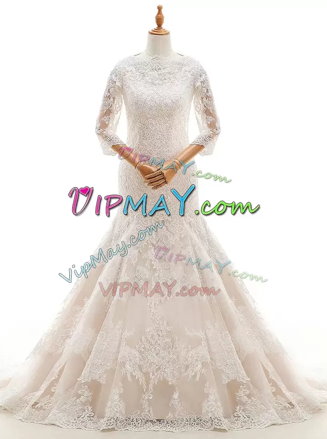 White Clasp Handle High-neck Lace and Ruffled Layers Bridal Gown Lace 3 4 Length Sleeve Court Train