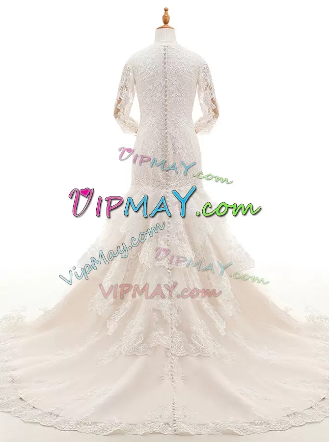 White Clasp Handle High-neck Lace and Ruffled Layers Bridal Gown Lace 3 4 Length Sleeve Court Train