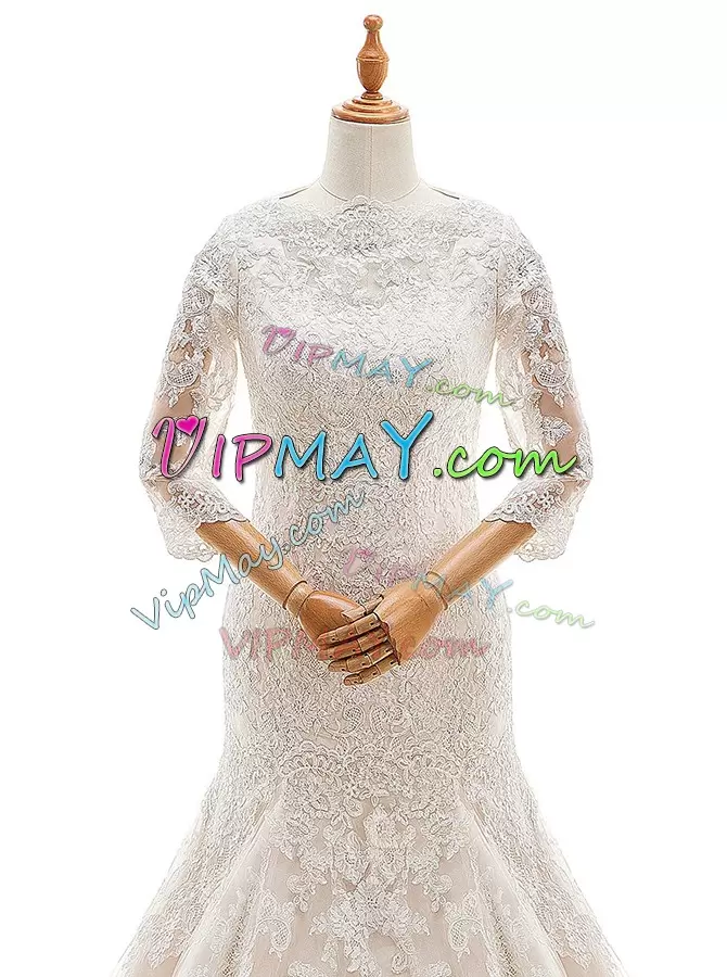 White Clasp Handle High-neck Lace and Ruffled Layers Bridal Gown Lace 3 4 Length Sleeve Court Train