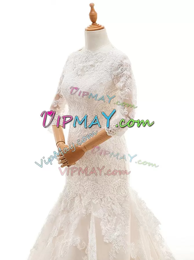 White Clasp Handle High-neck Lace and Ruffled Layers Bridal Gown Lace 3 4 Length Sleeve Court Train