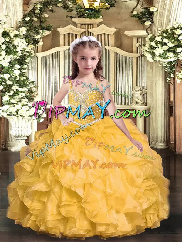 Super Gold Organza Lace Up Kids Formal Wear Sleeveless Floor Length Beading and Ruffles