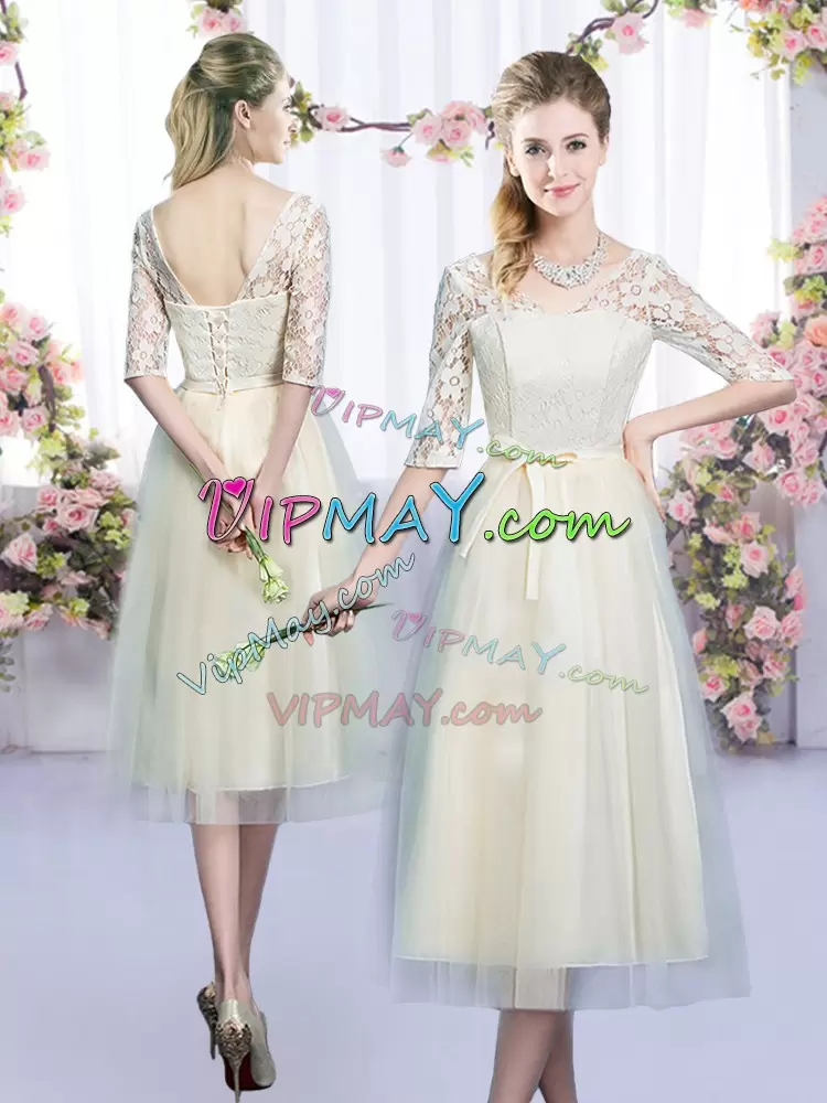 Discount Tea Length Champagne Bridesmaid Gown Tulle Half Sleeves Lace and Bowknot